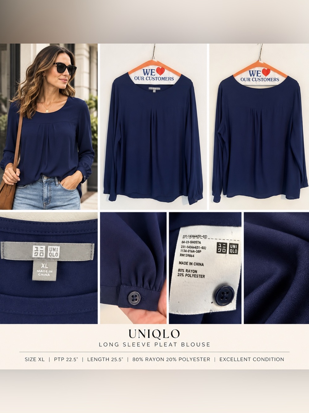 Uniqlo Navy Blue Draped Long Sleeve Blouse Relaxed Top XL Rayon